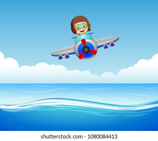 vector illustration of boys riding plane over sea