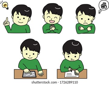 Vector illustration of boys studying. 5 patterns 
(idea,smile, worry, tablet operating, writing)