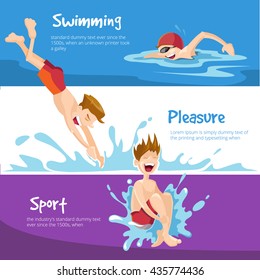 Vector illustration of Boys swims in the pool. Set of web banners with place for your text.