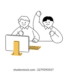 Vector illustration of boys who are happy to see a PC.