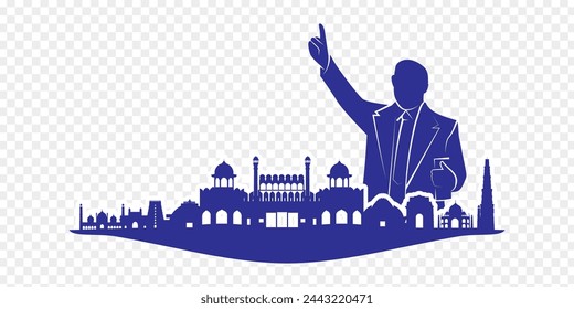 Ilustración vectorial de la silueta de BR Ambedkar con monumentos indios sobre fondo transparente