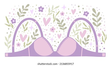 Vector illustration of a bra with twigs, hearts, stars, flowers and dots in delicate colors on a white background.