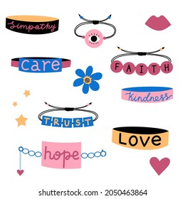  Vector illustration with bracelets and words - love, hope, sympathy, trust, kindness, faith, care. Motivating inspirational design. Positive attitude concept.