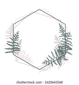 Vector illustration of bracken. Natural background, invitation card template with branches, leaf decoration. Decorative frame