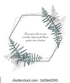 Vector illustration of bracken. Natural background, invitation card template with branches, leaf decoration. Decorative frame