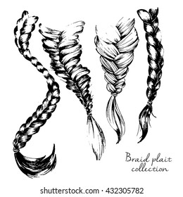 Vector Illustration Of Braid Set. Four Part Hand Drawn Set Of Binding Hairstyles. Isolated On White Background. 