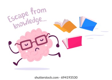 Vector illustration of a brain avoiding knowledge. Pink color lazy brain with glasses running away from color books flying behind on white background. Fun concept flat style design of character brain