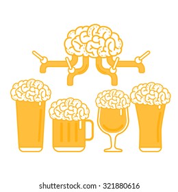 Vector Illustration of A Brain Beer Tap and Various types of Beer Glass