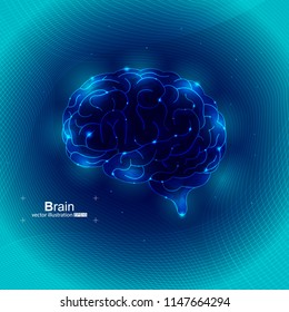 Vector illustration of a brain with blue luminescence on the futuristic background. Design for intelligence technology. Glow abstract design. Wireframe geometry on blue background with lines.