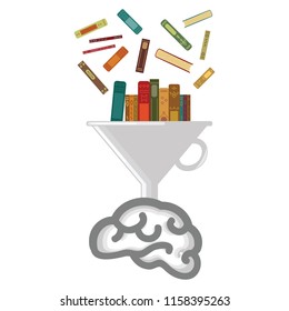 vector illustration of brain and books coming through filter for education and learning concepts
