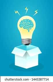 vector illustration of brain in the bulb appear from open box. describe open mind, thinking, open mind, and creative think. business concept illustration