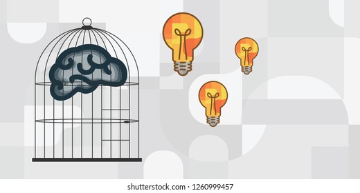 vector illustration of brain in cage and light bulbs for blocked creativity and cognitive limits concept