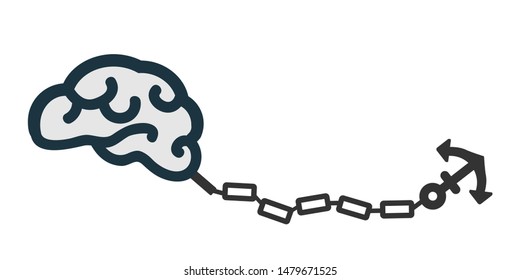 Vector Illustration Of Brain And Chained Anchor For Criticism And Cognitive Problems Experience