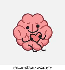 Vector Illustration of Brain Character with cute face and simple body line drawing on isolated background