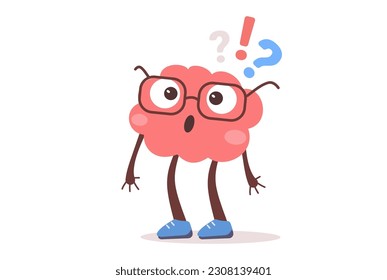 Ilustración vectorial del carácter cerebral con gafas y signo de interrogación. Diseño de estilo plano del personaje de cerebro de negocios rosa sobre fondo de color blanco para web, banner, afiche, impresión