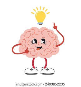 Vector illustration of brain character. Light bulb as idea Organ central nervous system is happy.