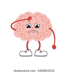 Vector illustration of brain character. Tired brain. Organ central nervous system is sad.