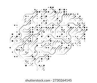 Ilustración vectorial de circuitos cerebrales e IA, con un cerebro cyborg con una placa de circuitos. Incluye una IA delineada, que simboliza la mente digital y los conceptos de tecnología