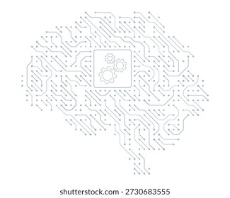 Ilustración vectorial de circuitos cerebrales e IA, con un cerebro cyborg con una placa de circuitos. Incluye una IA delineada, que simboliza la mente digital y los conceptos de tecnología
