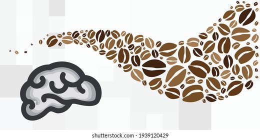 vector illustration with brain and coffee beans stream for caffeine influence on productivity  