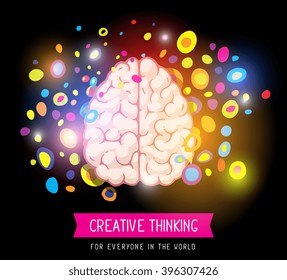 Vector illustration of brain with colorful abstract bubbles and text on pink ribbon on black gradient background. Art design for web, site, banner, poster, flyer, brochure, board, card, paper print.