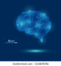 Vector illustration of a brain. Design for intelligence technology. Glow abstract design. Wireframe geometry on dark blue background.