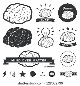 Vector illustration of brain designs & badges. These are iconic representations of creativity, ideas, inspiration, intelligence, thoughts, strategy, memory, innovation, education, & learning. Eps10.