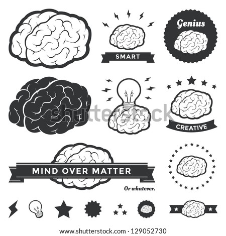 Vector illustration of brain designs & badges. These are iconic representations of creativity, ideas, inspiration, intelligence, thoughts, strategy, memory, innovation, education, & learning. Eps10.