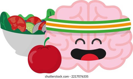 Vector Illustration Of A Brain Eating An Apple And A Salad. Healthy Vegan Food For The Mind. Healthy Life Style. Mental Health And Nutrition.