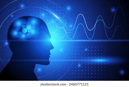 Vector illustration of a brain emitting waves within a futuristic backdrop. Symbolizing thought, innovation, and the limitless possibilities of the mind, neuroscience and technology