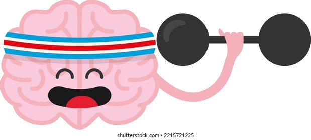 Vector Illustration Of A Brain Exercising Happily. Healthy Life And Fitness. Weightlifting. Importance Of Physical Exercise For Brain, Mental And Psychological Health. Avoid Sedentary Lifestyle.