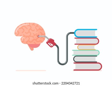 Vector illustration of brain filling-up with new knowledge from books. Education concept. Flat design illustration