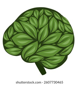 Vector illustration of brain from foliage isolated from background. Eco brain. Knowledge and pharmacology.