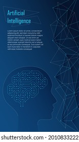 Vector illustration of a brain in the form of a computer microcircuit. Concept, artificial intelligence, high technologies of the future. Design template for web banner and social media. Copy space