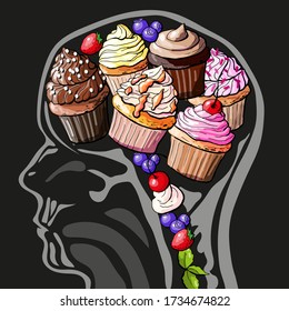 Vector illustration brain full of cupcakes