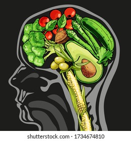 Vector illustration brain full of vegetables