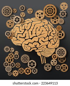 Vector illustration brain and gear. paper art by cardboard