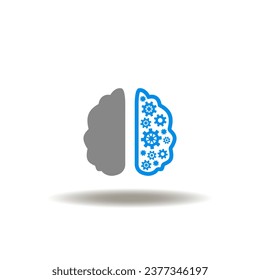 Vector illustration of brain with gears mechanism. Icon of IQ EQ test. Symbol of brainstorming.