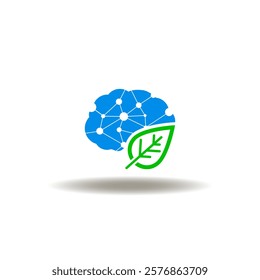 Vector illustration of brain with green leaf. Symbol of mental health.