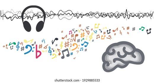 vector illustration with brain headphones music and sound waves for binaural beat concepts  svg