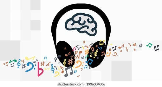vector illustration with brain headphones music notes melody for meditative sounds  