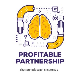 Vector illustration of brain and human hands with icons. Partnership concept with text on white background. Thin line art design of brain for web, site, banner, business presentation