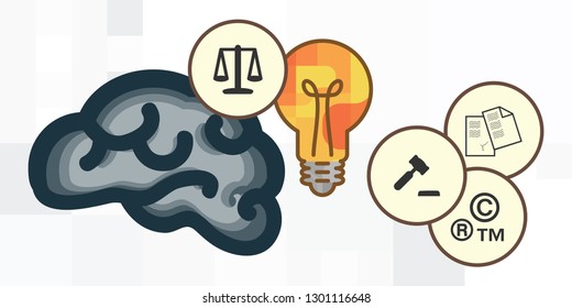 vector illustration of brain and ideas and court symbols for intellectual property law visuals