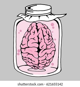 Vector illustration of a brain in a jar. Concept of creativity with human brain.