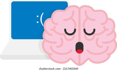 Vector illustration of a brain and a laptop. Problems and errors in computers. Fatal error and blue screen. Repair and solution of computer problems.