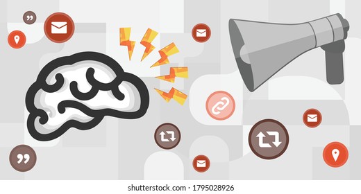 vector illustration of brain and loudspeaker with social media notification for informational overload