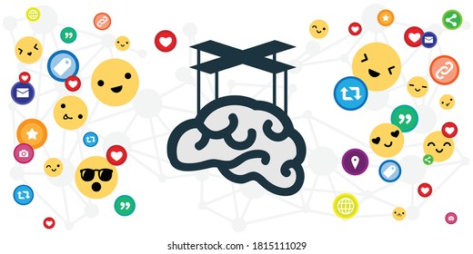 vector illustration of brain manipulated with social media and community pressure on individual thinking