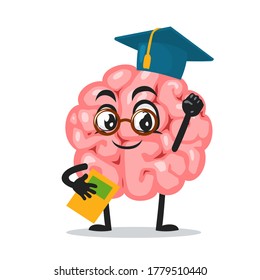 Vector illustration of brain mascot or character graduation hat and holding book