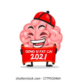 Vector illustration of brain mascot or character holding red scroll and says happy chinese new year 2021