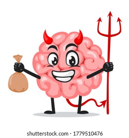 Vector illustration of brain mascot or character wearing devil costume and holding trident